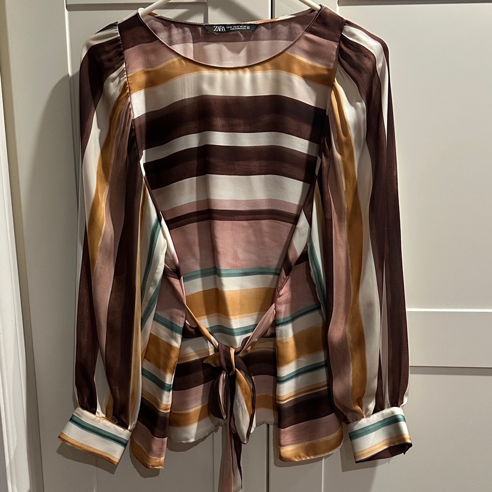 Zara Women's Brown and Pink Striped Blouse